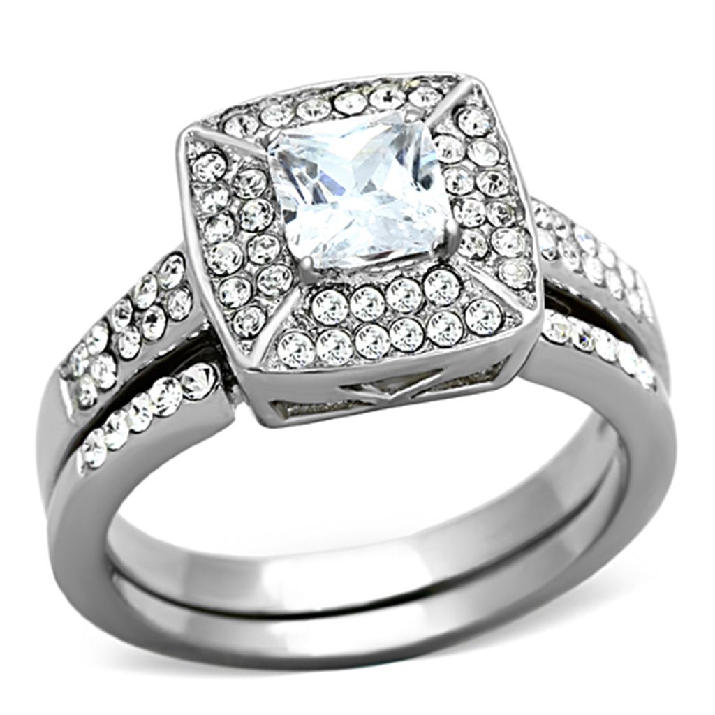 JCE1088 High polished (no plating) Stainless Steel Ring with AAA Grade CZ  in Clear
